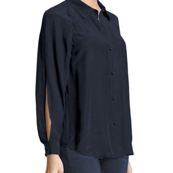 Frame Navy Slit Sleeve Matte Silk Blouse - Picture 1 of 4